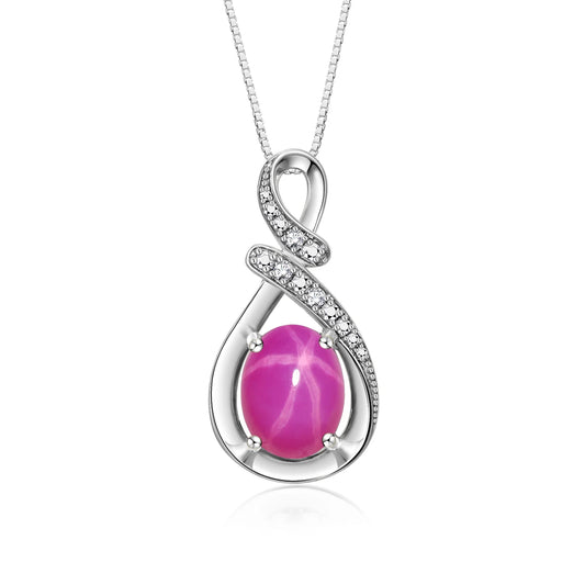 Necklace Sterling Silver 925 Classic Designer Necklace Gemstone & Diamonds Pendant with 18" Chain 9X7MM Star Ruby July Birthstone Womens Jewelry Silver Necklace