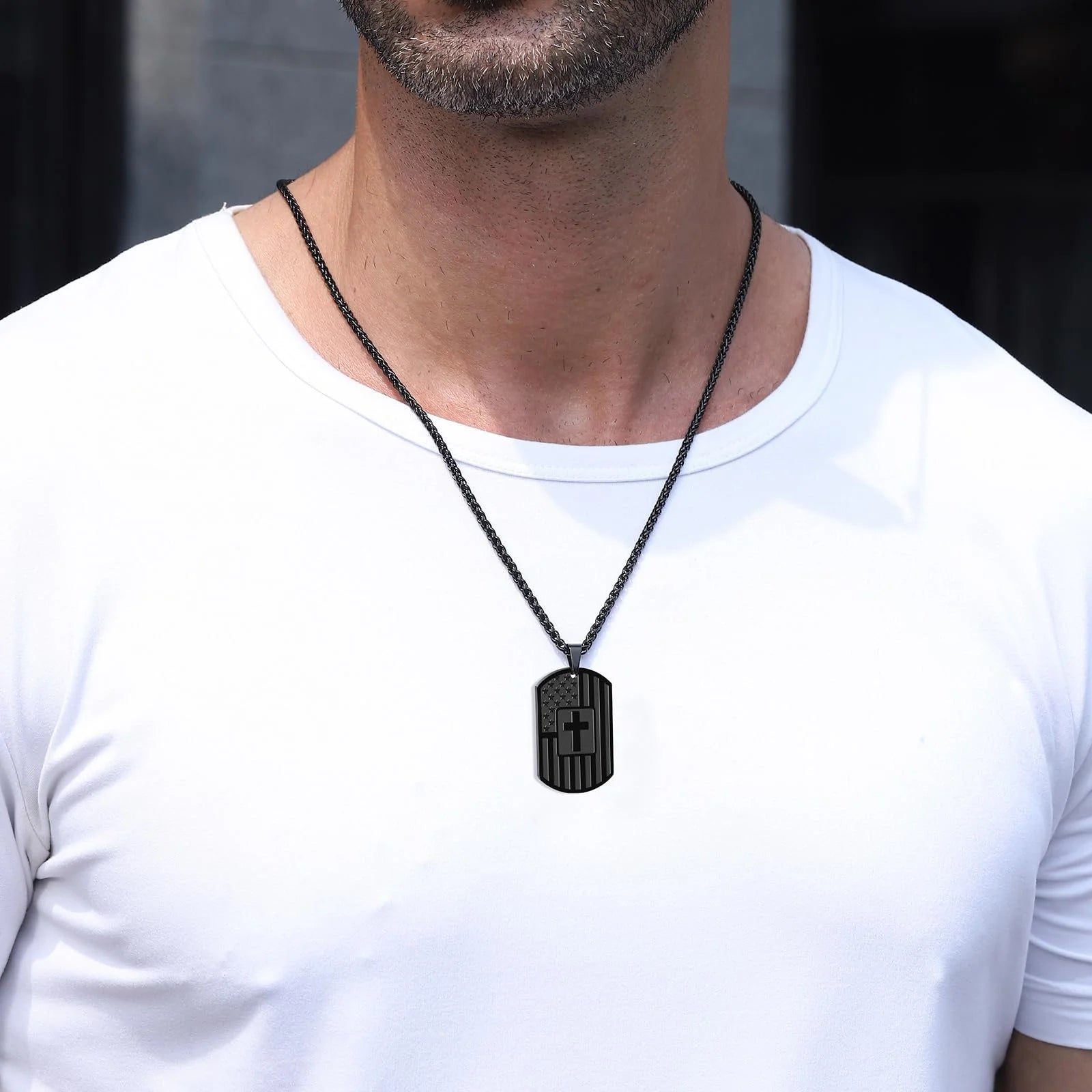 American Black Dog Tag Cross Necklaces for Men Bible Verse Pendant Cross Stainless Steel Men Necklaces 24 Inches Chain First Communion Confirmation Religious Christian Christmas Jewelry Gifts