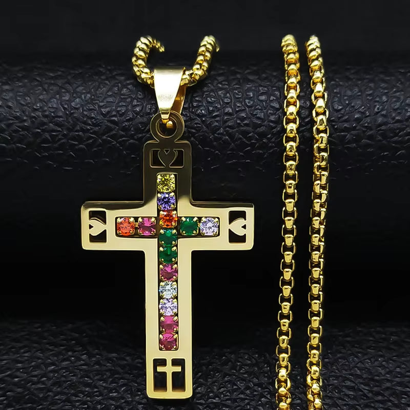 Catholic Jesus Cross Stainless Steel Necklace Saint Benedict Crystal Virgin Mary Pendant Crucifix Male Necklaces Jewelry Cruz
