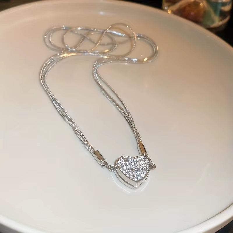 Elegant Heart Shaped Zircon Pendant Necklace Fashion Multilayer Magnetic Clasp Clavicle Chain for Women New Party Gift Jewelry