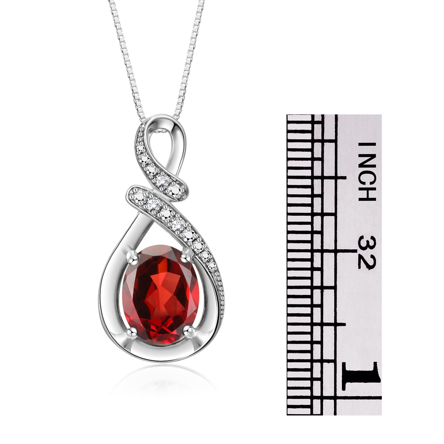 Necklace Sterling Silver 925 Classic Designer Necklace Gemstone & Diamonds Pendant with 18" Chain 9X7MM Garnet January Birthstone Womens Jewelry Silver Necklace