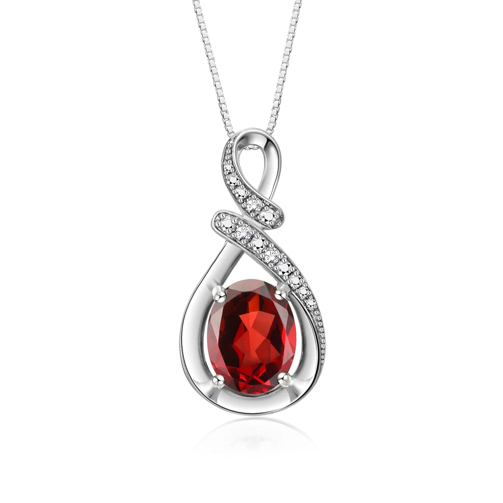 Necklace Sterling Silver 925 Classic Designer Necklace Gemstone & Diamonds Pendant with 18" Chain 9X7MM Garnet January Birthstone Womens Jewelry Silver Necklace