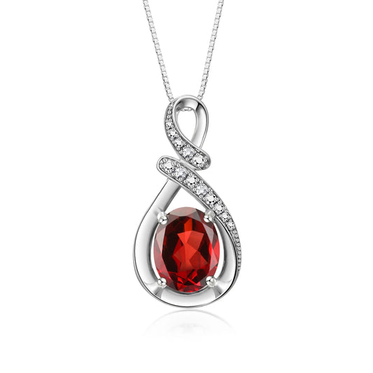 Necklace Sterling Silver 925 Classic Designer Necklace Gemstone & Diamonds Pendant with 18" Chain 9X7MM Garnet January Birthstone Womens Jewelry Silver Necklace