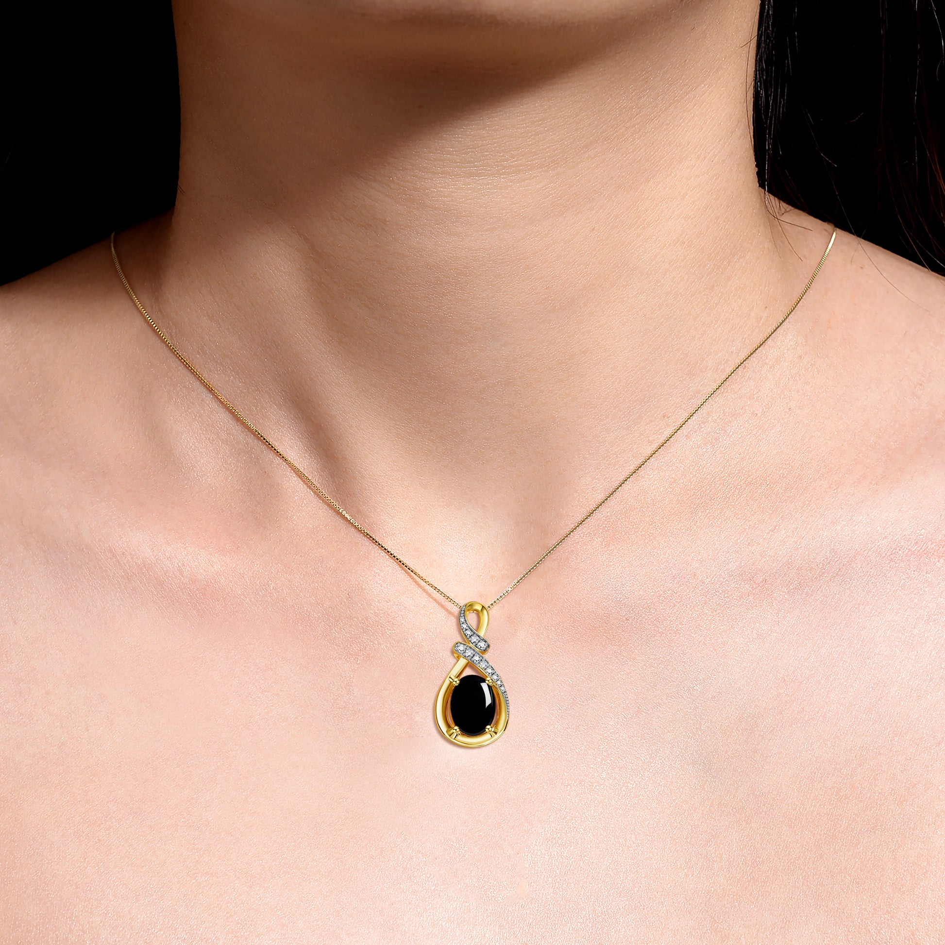 Necklace Yellow Gold Plated Silver Designer Necklace Gemstone & Diamonds Pendant 18" Chain 9X7MM Cabochon Onyx October Birthstone Womens Jewelry Silver Necklace