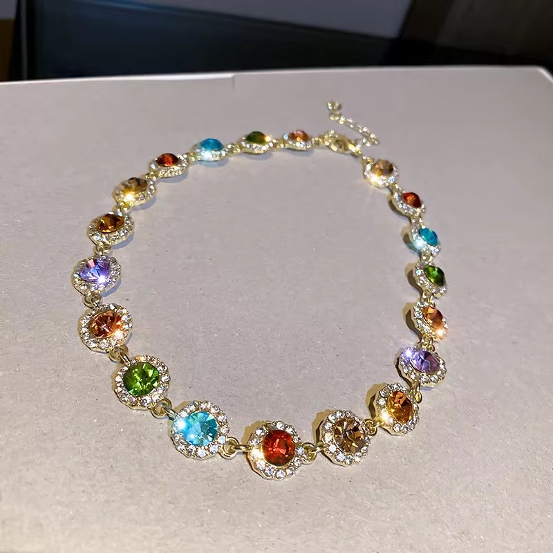 Geometric Colorful Crystal Choker Necklaces for Women Clavicle Chain Necklaces Jewelry Bijoux for Party Gift Accessories