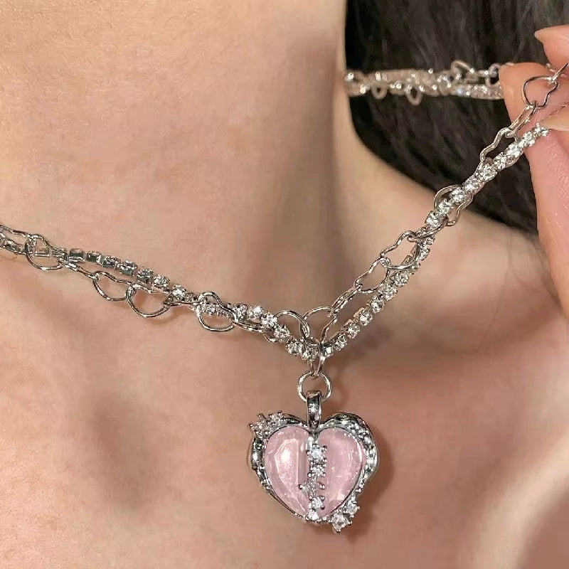 Elegant Heart Shaped Zircon Pendant Necklace Fashion Multilayer Magnetic Clasp Clavicle Chain for Women New Party Gift Jewelry