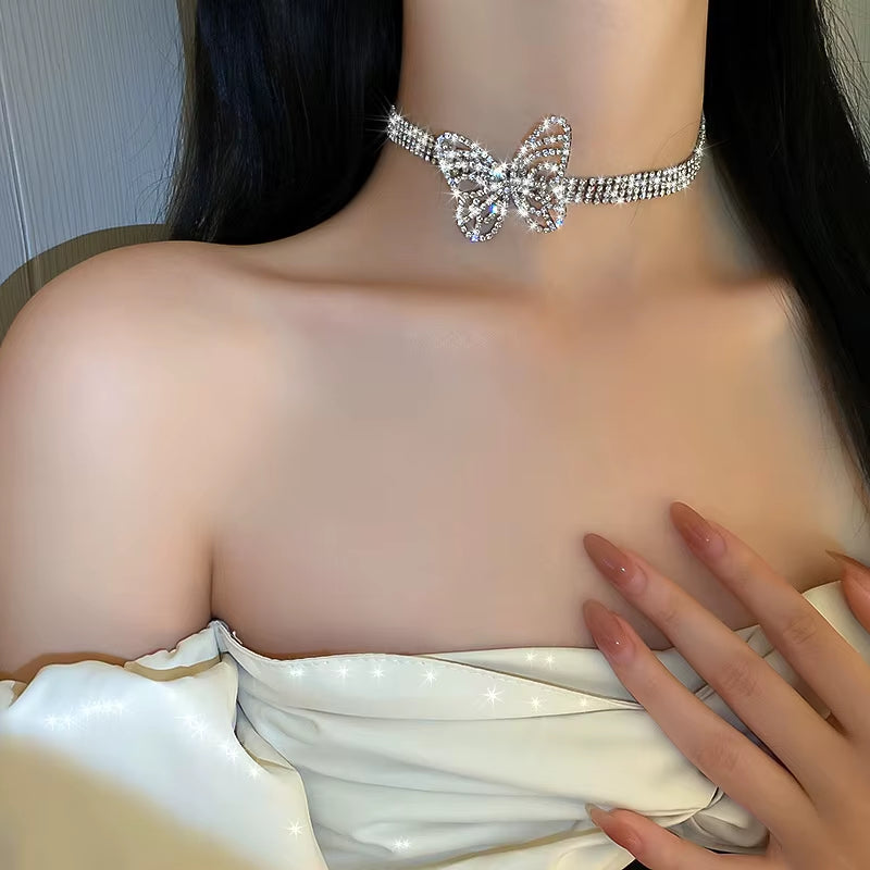 Beautiful Butterfly Crystal Choker Necklaces for Women Shine Rhinestone Necklaces Statement Jewelry Accessories