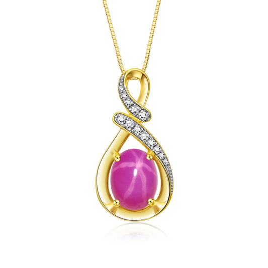 Necklace Yellow Gold Plated Silver Classic Designer Necklace Gemstone & Diamonds Pendant 18" Chain 9X7MM Star Ruby July Birthstone Womens Jewelry Silver Necklace