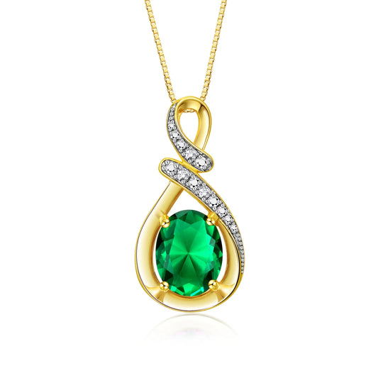 Necklace Yellow Gold Plated Silver Classic Designer Necklace Gemstone & Diamonds Pendant 18" Chain 9X7MM Emerald May Birthstone Womens Jewelry Silver Necklace