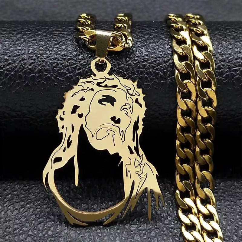 Hip Hop Punk Crown of Thorns Jesus Cross Necklace for Men Stainless Steel Gold Plated Crucifix Pendant Necklaces Jewelry N8052