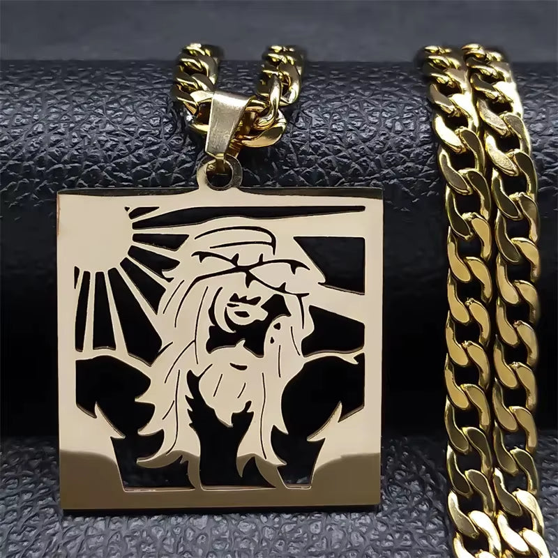 Hip Hop Punk Crown of Thorns Jesus Cross Necklace for Men Stainless Steel Gold Plated Crucifix Pendant Necklaces Jewelry N8052