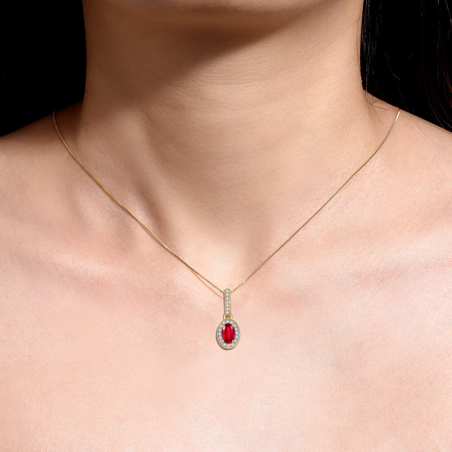 Necklace Yellow Gold Plated Silver 925 Halo Designer Necklace with Gemstone & Diamonds with 18" Chain 6X4MM Ruby July Birthstone Womens Jewelry Silver Necklace