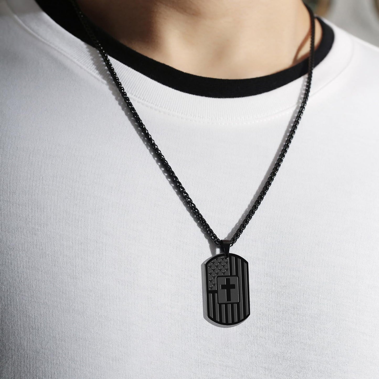 American Black Dog Tag Cross Necklaces for Men Bible Verse Pendant Cross Stainless Steel Men Necklaces 24 Inches Chain First Communion Confirmation Religious Christian Christmas Jewelry Gifts