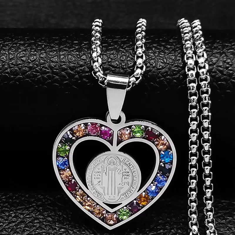 Catholic Jesus Cross Stainless Steel Necklace Saint Benedict Crystal Virgin Mary Pendant Crucifix Male Necklaces Jewelry Cruz