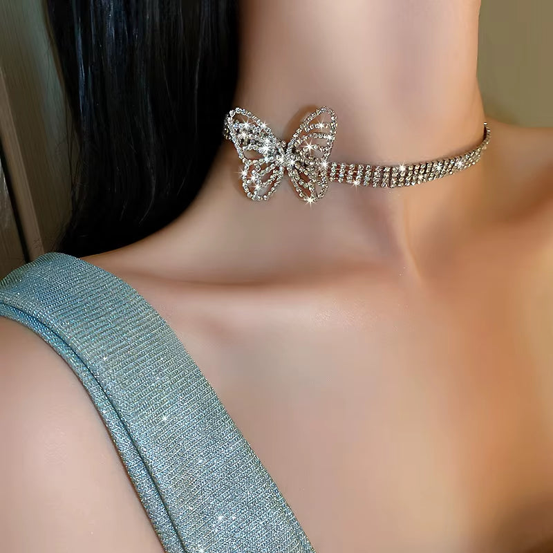 Beautiful Butterfly Crystal Choker Necklaces for Women Shine Rhinestone Necklaces Statement Jewelry Accessories