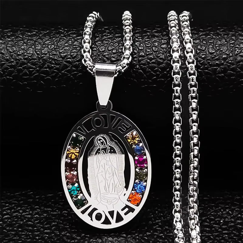 Catholic Jesus Cross Stainless Steel Necklace Saint Benedict Crystal Virgin Mary Pendant Crucifix Male Necklaces Jewelry Cruz